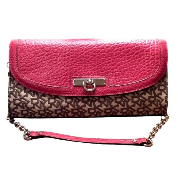 DKNY Pink Leather & Monogram Canvas Clutch Purse - Picture 1 of 8
